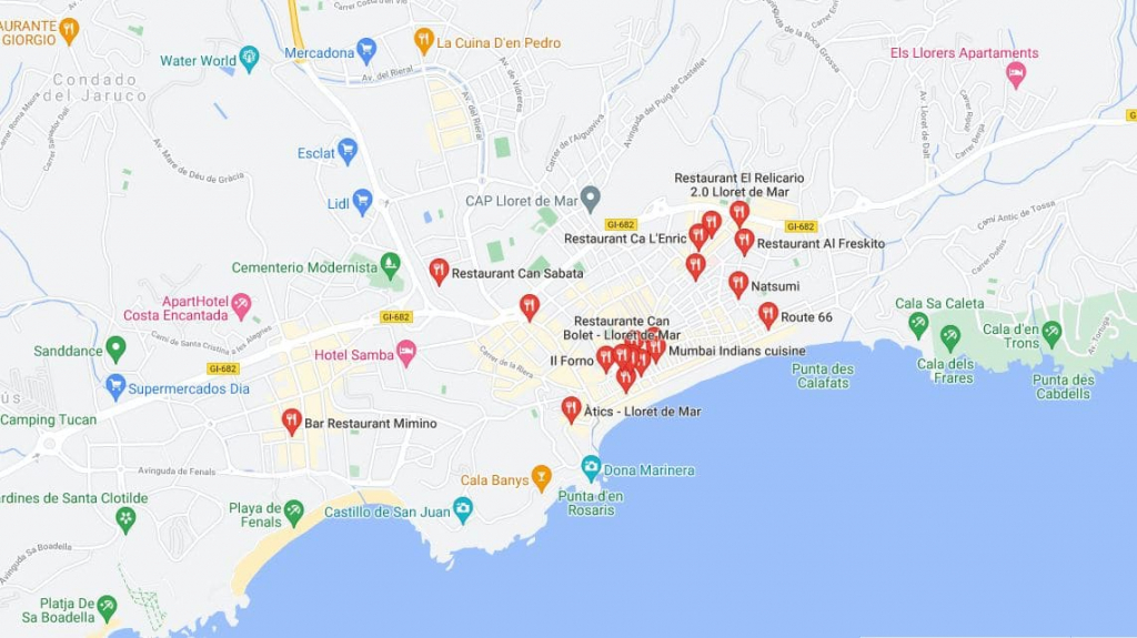 Restaurantes y bares de Lloret de Mar. Mapa y ubicaciones