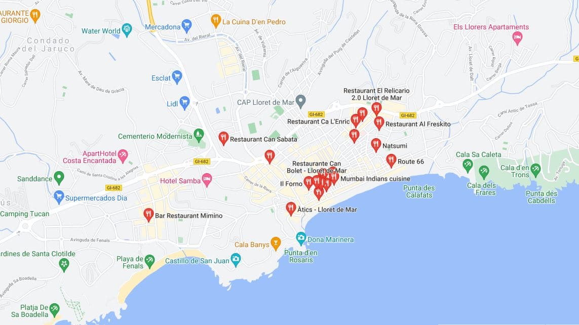 Lloret de Mar의 레스토랑과 바. 지도 및 위치