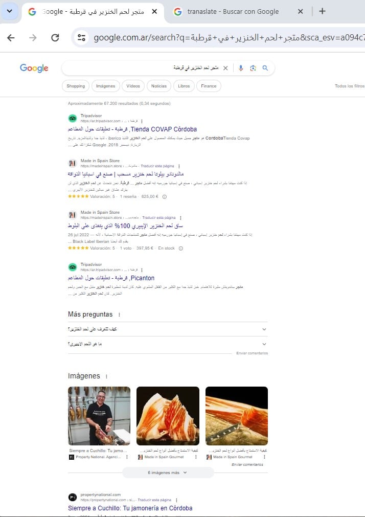 Magasin de jambon à Cordoue. Positionnement dans Google. Affichage des résultats de recherche