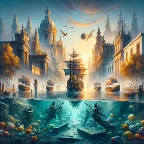 Atlantis in zwei Schwestern enthüllt Geheimnisse unter der Erde von Sevilla. allegorische Darstellung