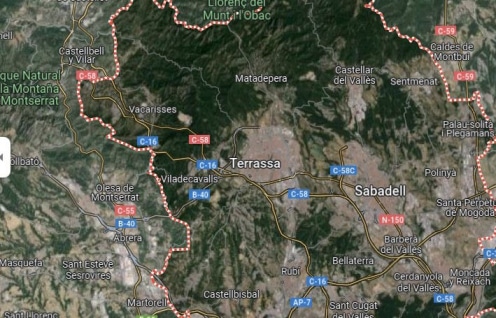De fem största städerna i Vallès Occidental. Flygfoto över kartan.