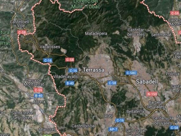 As cinco principais cidades do Vallès Ocidental. Vista aérea do mapa.